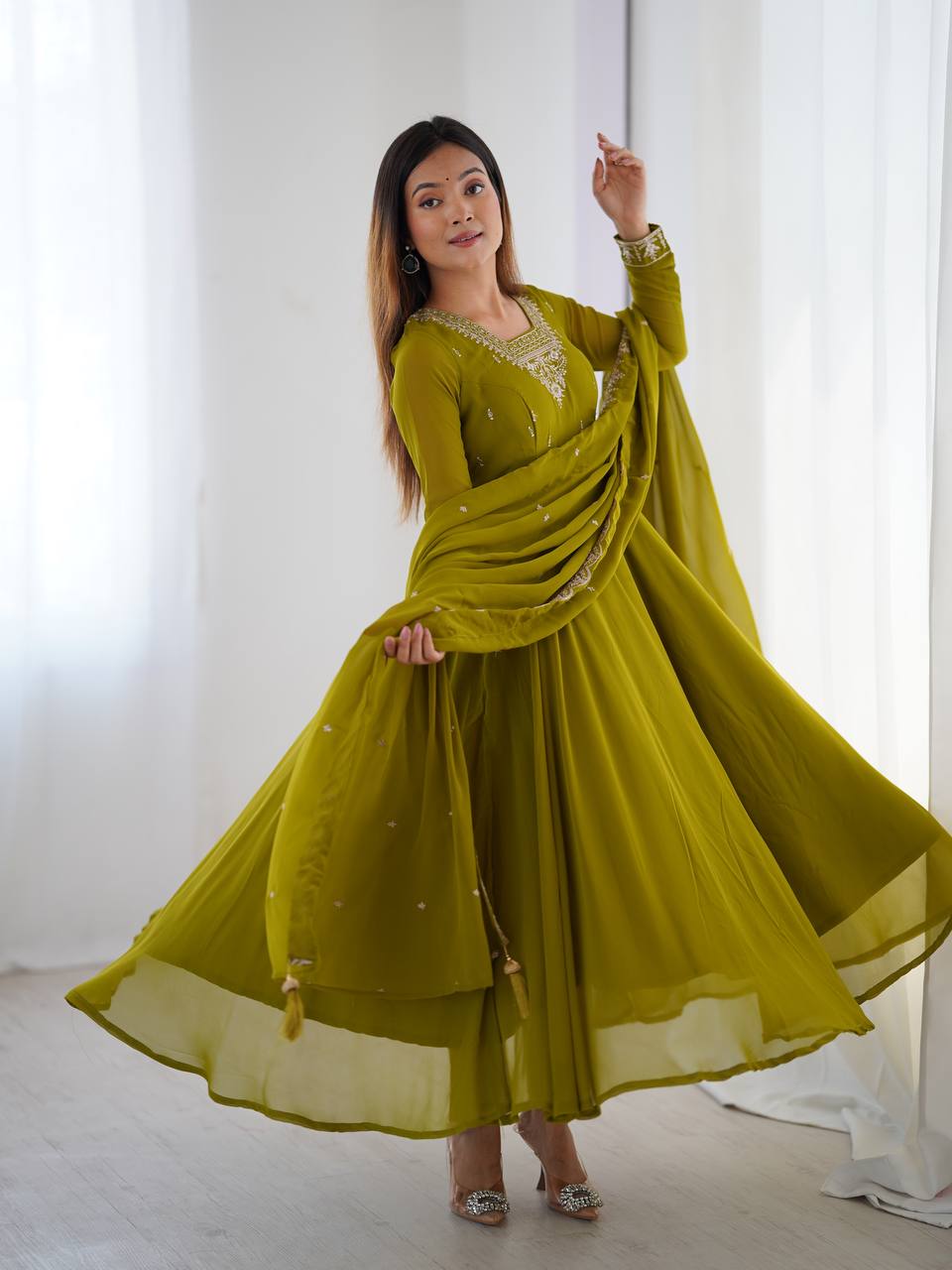 Soft Fox Georgette Anarkali with 6.5 Meter Flair & Embroidered Dupatta – Designer Festive Wear